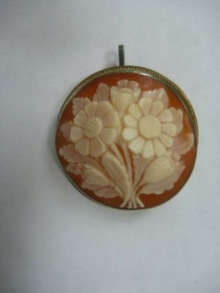 Antique Vintage Carved Shell Cameo Flower Pin Pendant In Sterling Silver Frame