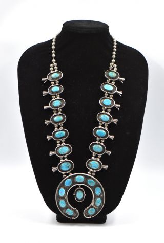 Vintage Old Pawn Southwestern Turquoise Squash Blossom Necklace Sterling Silver