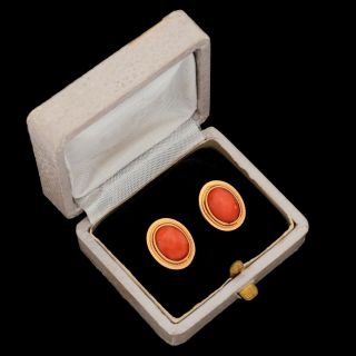 Antique Vintage Deco Retro 18k Yellow Gold Italian Angelskin Coral Stud Earrings