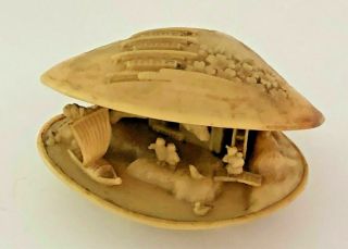 Vintage Japanese Celluloid Carved Clam Shell Diorama Figures Village Scene
