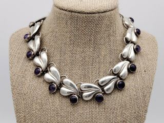 Vintage Sterling Silver Taxco Mexico Amethyst Cabachon Necklace / Choker 15 "
