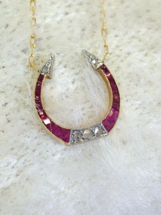 Art Deco 18k Yellow Gold Natural Ruby Rose Cut Diamond Horseshoe Necklace Pendan