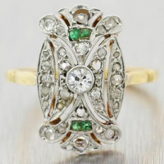 1920s Antique Art Deco Platinum & 18k Yellow Gold 0.  64ctw Diamond & Emerald Ring