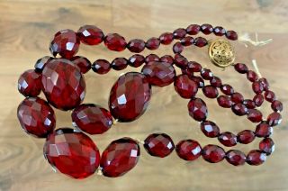 Vintage Art Deco Cherry Red Amber Faceted Beads Double Strand Necklace 83 Grams