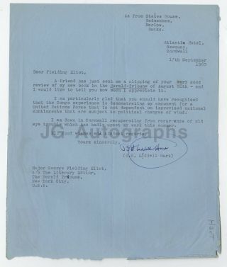 B.  H.  Liddell Hart - Signed Letter,  1960 To George Fielding Eliot,  Wwi