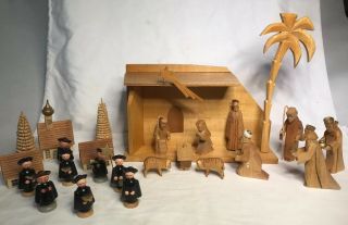 Vintage Dregeno Hand Carved Wood Nativity Set With Carolers Village Germany 25p.