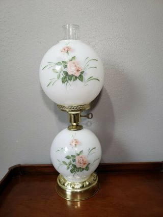 Vintage Gone With The Wind Parlor Lamp - 21 " Tall - Handpainted Milk Glass Shades -