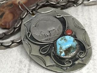 Vintage Navajo Nickel Silver Turquoise Coral Buffalo Nickel Pendant 18” Necklace 2