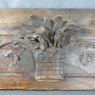 Antique Large French Pediment Fronton Oak Wood Carved Basket Of Flowers 19th C.