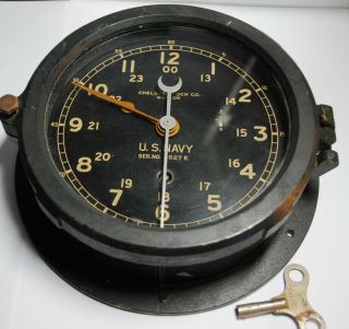 Chelsea Clock Co.  Wwii Ww2 Us Navy Ship Clock - Navy Sn 4527 E - Runs 12/24 Hr.