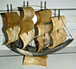 Vintage Hand Crafted Natural Horn Nautical Maritime Ship Model Figure