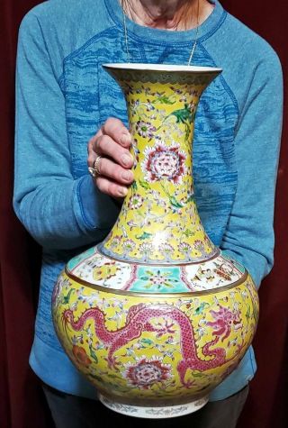 Vintage Chinese Porcelain Large Vase Famille Rose Enamels Dragons Marked