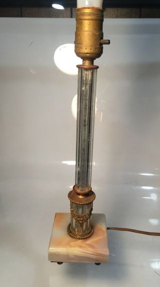 Vintage Art Nouveau Glass Column Table Lamp Marble Footed Brass Gold Accentent