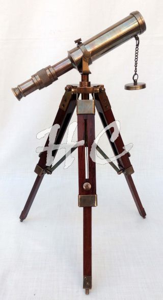 Halloween Antique Brass Telescope Wooden Tripod Stand Collectible Desk Decor