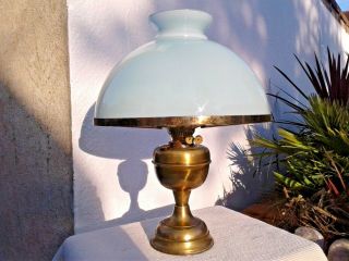 Large Antique Vintage Brass Paraffin / Oil Lamp With Large Green Glass Shade