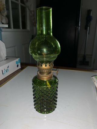 Vintage Green Glass Hobnail Miniature Mini Oil Lamp 8.  5”