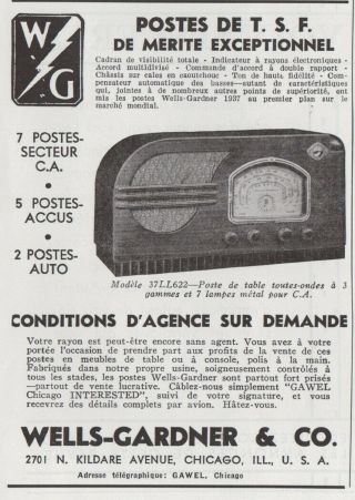 1937 Print Ad Wells - Gardner & Co 7 - Tube Radio Receiver Model 37ll622