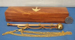 Boatswain Pipe Brass & Copper Ships Whistle W/ Brass Anchor Wood Box