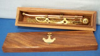 Boatswain Pipe Brass & Copper Ships Whistle W/ Brass Anchor Wood Box 2
