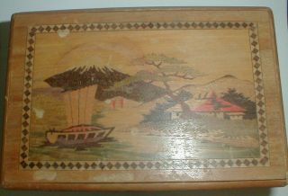 Vintage Japanese Wood Puzzle Box Mt Fuji Boat / Bird Lotus Flower No Reserves