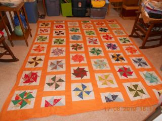 Vintage Quilt Top Pinwheel Orange Hand Sewn