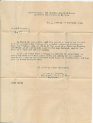 World War 1 7th Machine Gun Battalion Us Army Bell Germany Document Letter Wwi