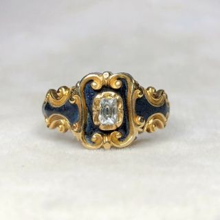 English “in Memory Of” Diamond & Enamel Victorian Mourning Ring