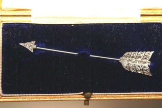 Fine Vintage Art Deco Platinum Rose Cut Diamond Arrow Jabot Pin Brooch Cased 7cm