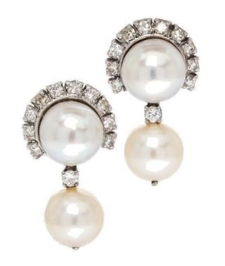 Estate 14k White Gold Diamond And Cultured Pearl Clip Earrings