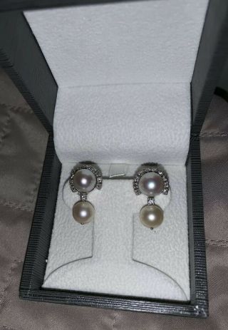 Estate 14K White Gold Diamond and Cultured Pearl Clip Earrings 2