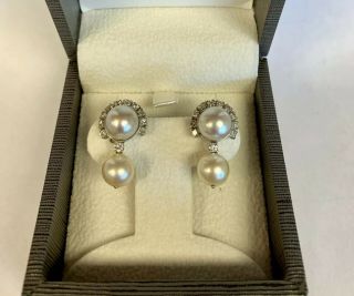 Estate 14K White Gold Diamond and Cultured Pearl Clip Earrings 3