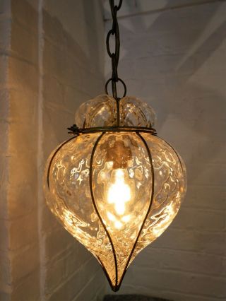 Vintage Murano Blown Glass Teardrop Pendant Hanging Lamp.  Ceiling Rose & Chain.