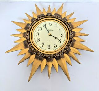 Vintage Seth Thomas Quartz Sunburst Wall Clock Retro Mid Century Modern Gold Sun