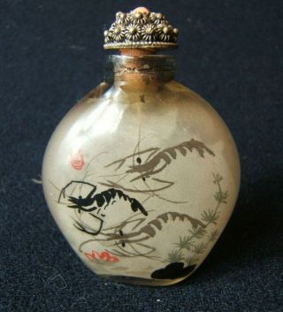 Vintage Reverse Painted Snuff Bottle With Shrimp