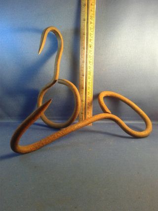 Pair (2) Antique Hay Hooks Bale Dock Blacksmith Hand Forged D Handles
