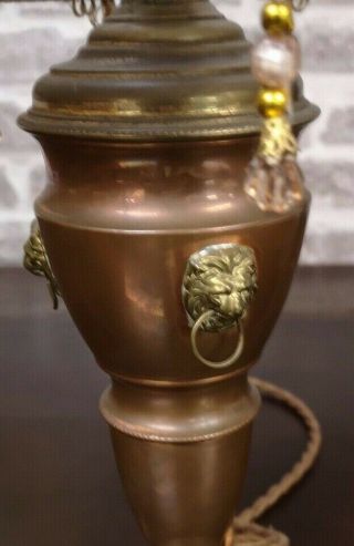 Antique Copper And Brass Lamp with Lions Heads & Designer Vintr Suede Lampshade 2
