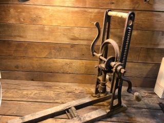 Antique Wood Beam Drill Press Tool Hand Hewn Crank Barn Vintage Cast Iron Bit
