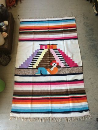 Vintage Mexican Serape Saltillo Wool Blanket Rug 82 X 49