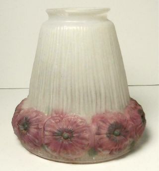 Vtg Puffy Frosted Glass Pendant Light Lamp Shade Reverse Painted Pink Flowers