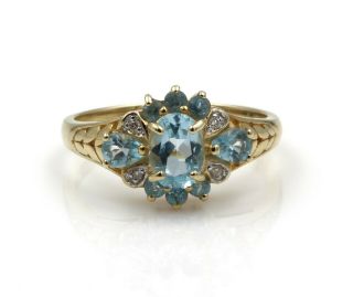 Vintage 14k Yellow Gold Ring W/ Blue Topaz And Diamond Accents Sz 7.  5 776b - 1