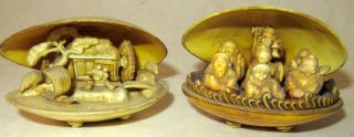 (2) Vintage Plastic Sea Shell Models With 3 - Dimensional Japanese Scenes Inside