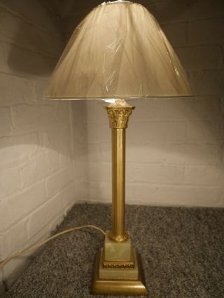 Vintage Antique Gold And Green Marble Column Table Lamp With Cream Coolie Shade.