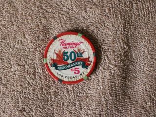 Flamingo Hilton 50th Anniversary $5 Casino Chip Las Vegas Nevada Bugsy Siegel