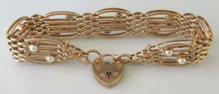 Vintage 9ct Rose Gold Cultured Pearl 5 Bar Gate (28.  5g) Bracelet (7inches)