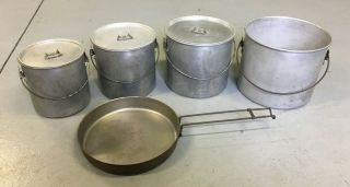 1944 U.  S.  World War Ll Aluminum 8 Pc Nesting Pots Pan Mess Kit R.  S.  E.  Vintage