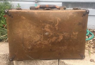 Antique Early Leather & Metal Stud Suitcase W/ Corbin Lock Leatheroid By Walton