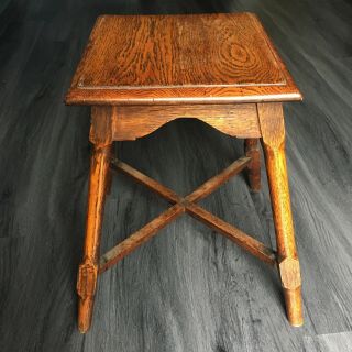 Antique Arts & Crafts Stool Side Table English Oak Hand Cut & Constructed Circa