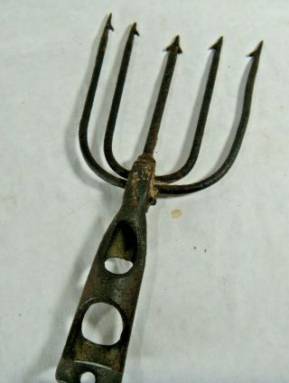 Antique 5 - Tine Fish Eel Frog Gig Tool Spear Head Iron Fishing Tool Fork