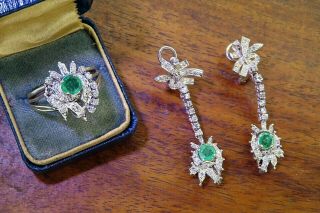 Vintage Palladium Art Deco Antique Colombian Emerald Diamond Earrings Ring Set
