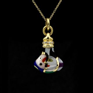 Asch Grossbardt 14k Gold Picasso Style Gemstone Inlay & Diamond Necklace 943b - 2